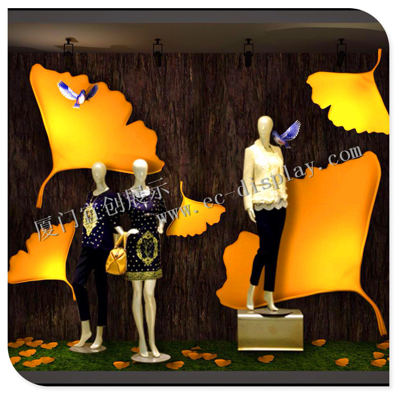 銀杏葉櫥窗 玻璃鋼仿真大銀杏葉 櫥窗道具制作 集成道具制作廠家