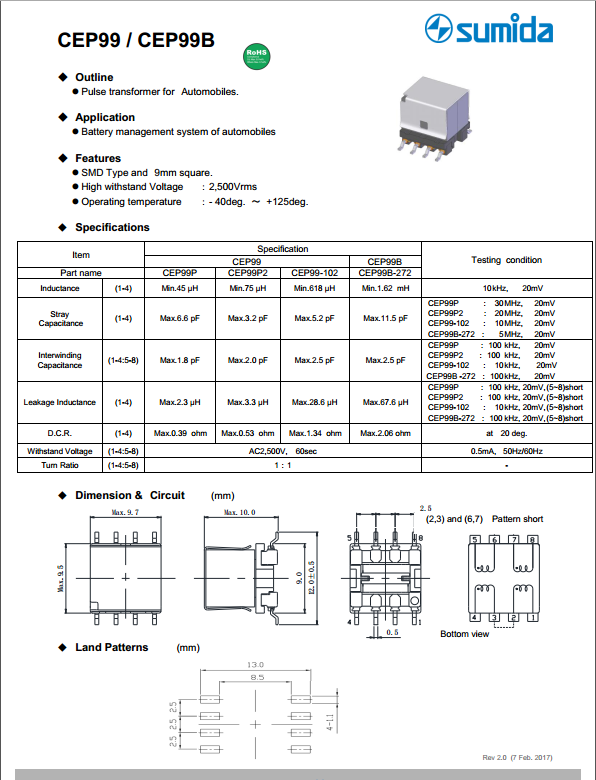 sumida代理商供应新能源汽车电量监管系统专用脉冲变压器CEP99图片