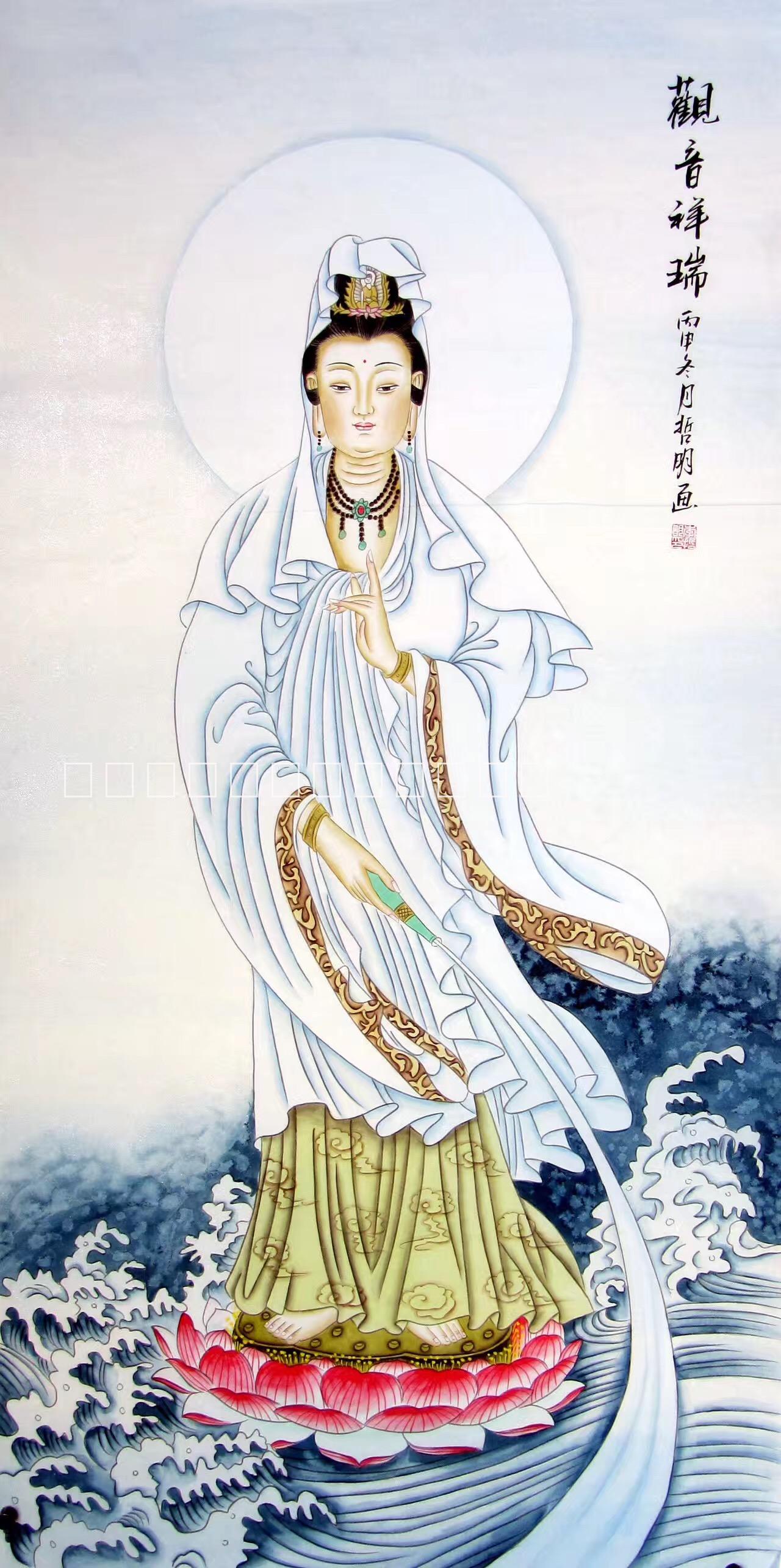 手绘工笔观音菩萨国画框装裱装饰画图片