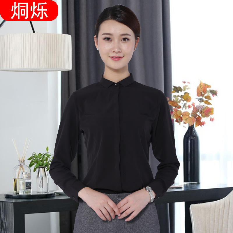 湖南職業(yè)裝定制黑色暗門襟定制襯衫 女士職業(yè)襯衫