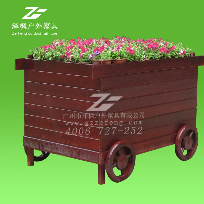 戶外防腐木花車 深桶型小木輪裝飾圖片