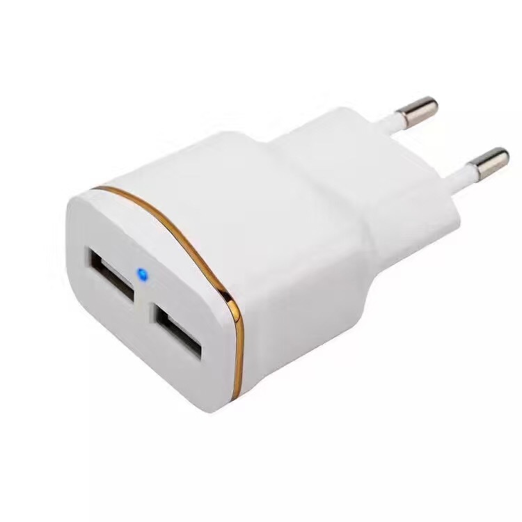 電鍍?nèi)﹄pUSB充電器 5V2.1A雙口旅充 LED藍(lán)燈USB手機(jī)充電器 2A充頭