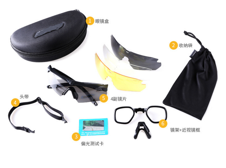射擊偏光鏡特種兵護(hù)目防風(fēng)沙騎行登山眼鏡4組鏡片近視可用 CQB射擊眼鏡