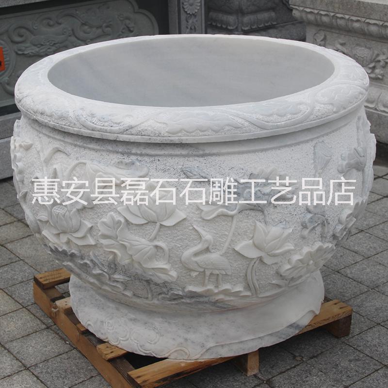 福建廠家現(xiàn)貨 石雕魚缸漢白玉流水荷花石缸庭院別墅水缸擺件