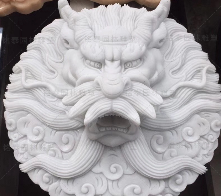 石雕漢白玉龍頭 圓龍頭吐水?dāng)[件墻壁掛件 噴水龍頭浮雕