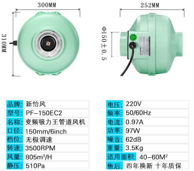 廣東PF-150EC2吸力王定制 變頻直流EC管道風機價格
