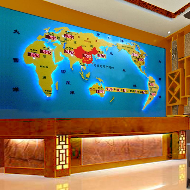 2022酒店大堂前臺(tái)吧臺(tái)背景墻裝飾 新一代酒店地圖鐘