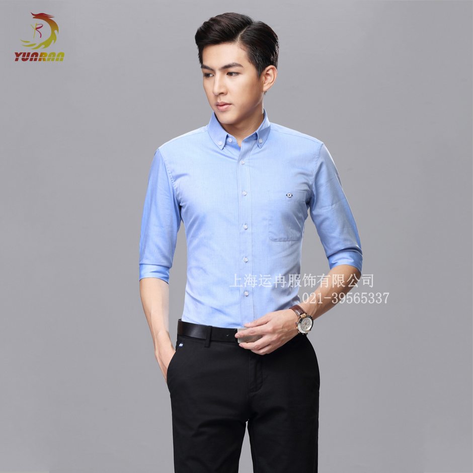 供應(yīng)男士休閑襯衫*牛津布中袖襯衫時(shí)尚免燙修身襯衣藍(lán)色