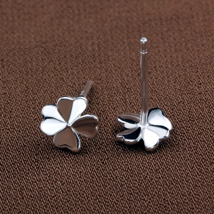 純銀925銀耳釘廠家，飾防過敏耳釘批發(fā)，女氣質(zhì)四葉草耳釘