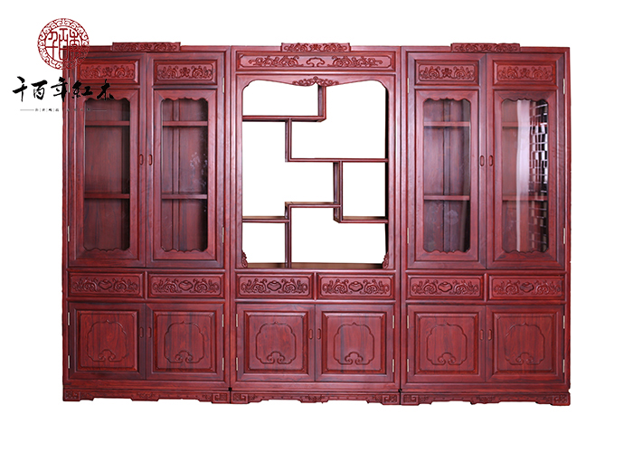紅酸枝家具 千百年紅木古典書(shū)柜 錦瑟年華書(shū)柜
