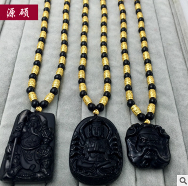 廠家直銷 厚金項鏈越南沙金天然黑曜石六字真言男項鏈 一件代發(fā)