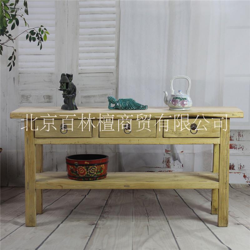 雙層老松木玄關(guān)臺條案 酒店別墅長桌子 中式原木色帶抽屜儲物邊桌
