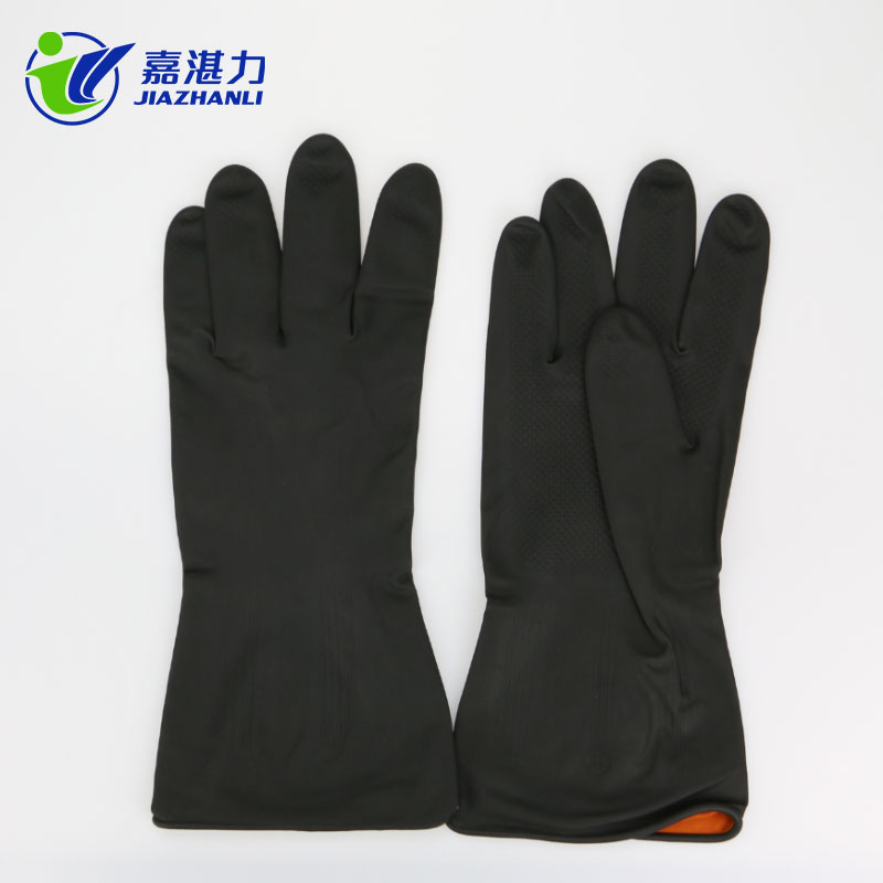 黑工業(yè)手套 80克加厚植絨工業(yè)乳膠手套 內(nèi)橙外黑工業(yè)勞保防護(hù)橡膠手套廠家