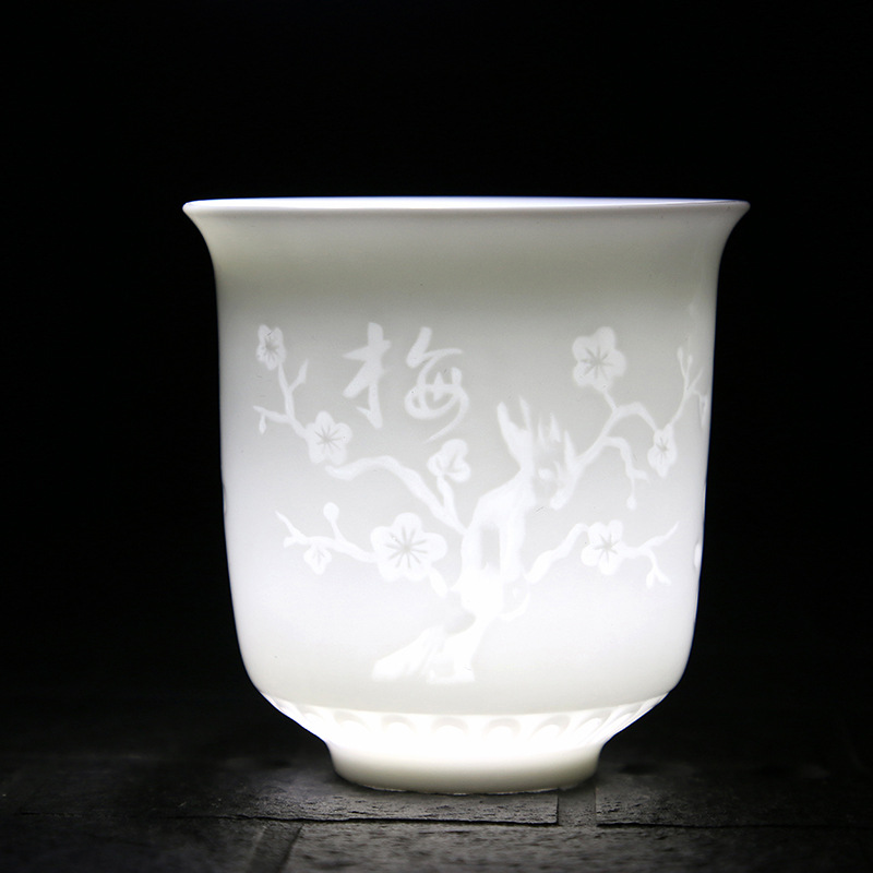 功夫茶杯 單杯 薄胎陶瓷  主人浮雕茶杯 梅蘭竹菊 陶瓷品茗杯