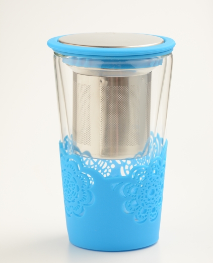 雙層玻璃杯 帶硅膠杯套不銹鋼茶漏