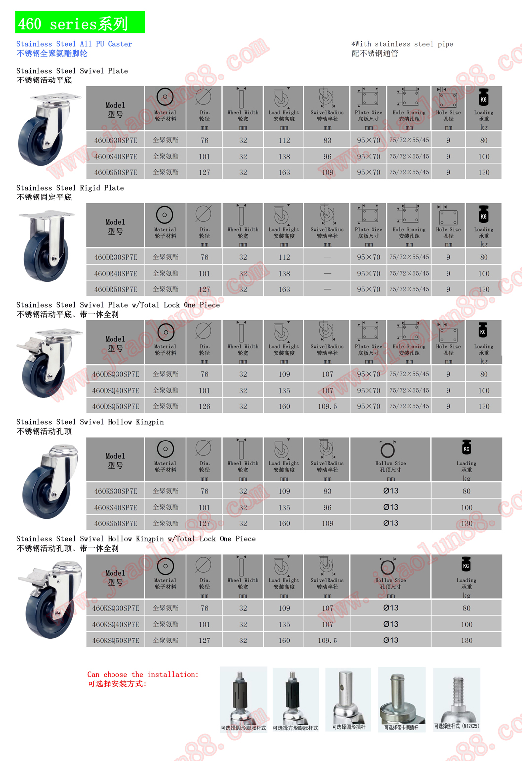 SUS304不銹鋼全聚氨酯腳輪-耐低溫、防酸堿腳輪 SUS304不銹鋼全聚氨酯萬向輪