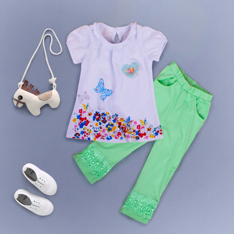 精美印繡花T恤蕾絲七分褲子兩件套