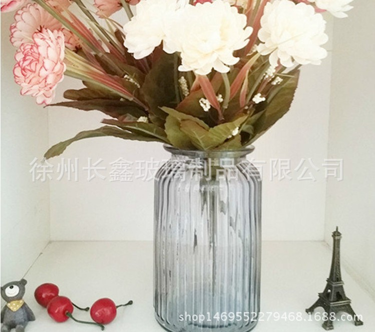 批發(fā)玻璃大號歐式透明藍色豎紋玻璃彩色花瓶簡約桌面擺件水培花瓶