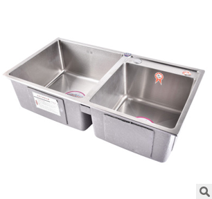 妙浴廚房雙槽水槽 304不銹鋼手工拉絲洗菜盆加厚水盆一體水槽