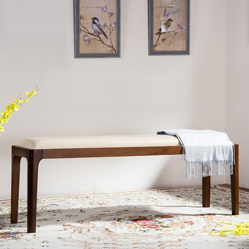 實木床尾凳 黑胡桃日式牛皮長條凳