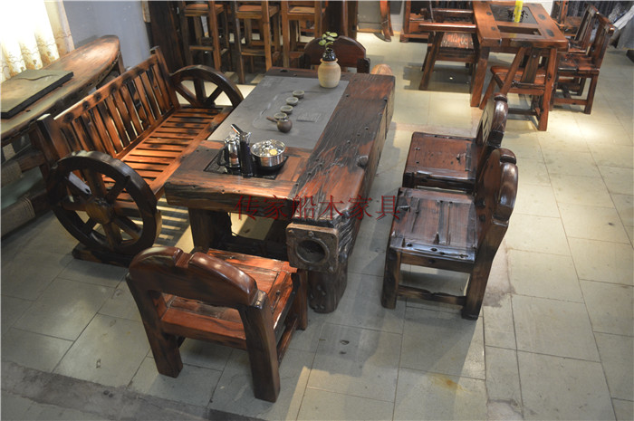 供應(yīng)老船木家具炮筒茶臺(tái)套裝