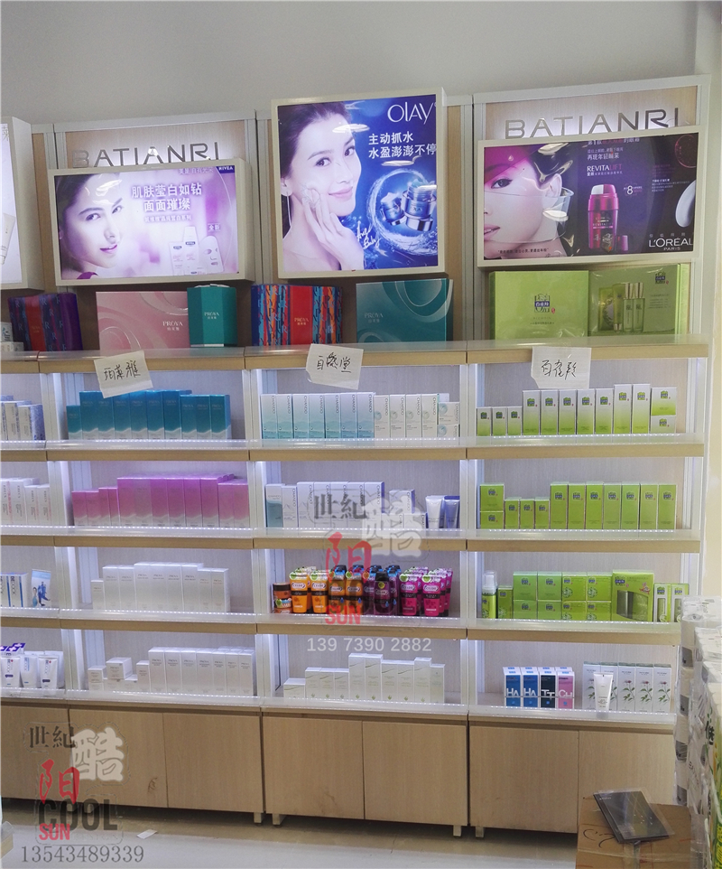 新款鐵木結合化妝品貨架 廣州韓式化妝品店柜臺柜子展柜展示柜背柜定做圖片大全 化妝品店柜子展柜展示柜定做圖片