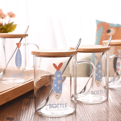 創(chuàng)意竹木蓋玻璃杯 帶蓋帶勺可愛(ài)卡通圖案高硼硅玻璃水杯 透明花茶