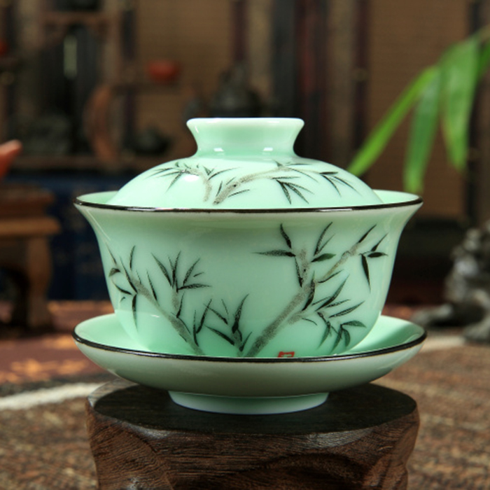 陶瓷青瓷功夫茶具 手繪手彩浮雕魚三才大茶碗蓋碗