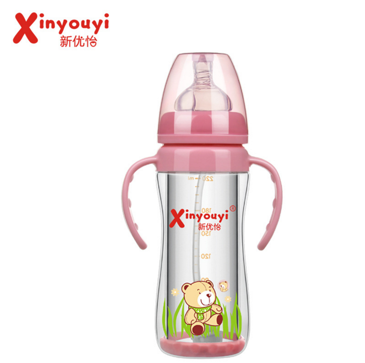 廠家直銷嬰兒帶手柄弧形寬口雙層防摔防爆玻璃奶瓶進口高硼硅原料 防爆玻璃奶瓶生產廠家 防爆玻璃奶瓶供貨商