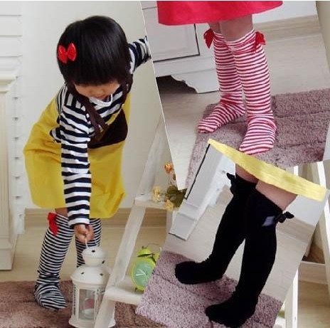 韓國蝴蝶結(jié)全棉中筒襪條紋男女童純棉高筒襪兒童襪子批發(fā)