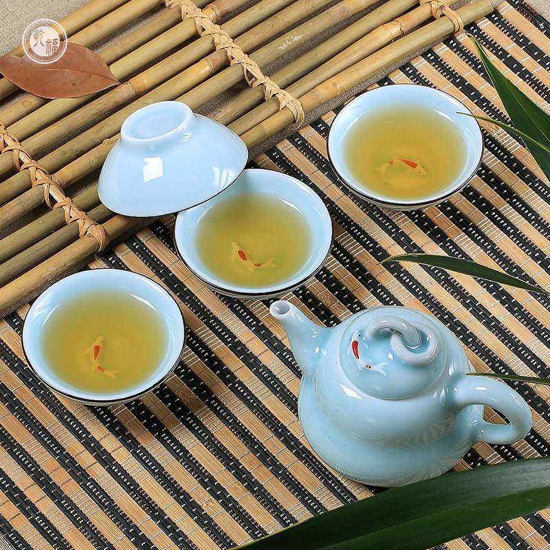 供應(yīng)青瓷浮雕葫蘆壺廠家 小茶壺五件套 茶壺禮品套裝廠家