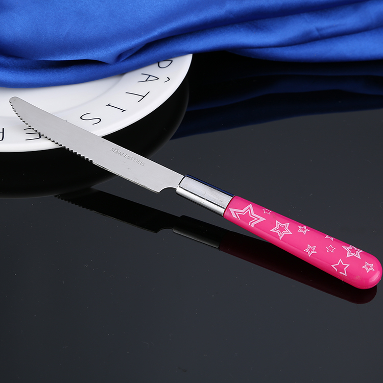 家居實(shí)用不銹鋼餐具批發(fā) 印刷五角星柄刀叉勺套裝 戶外便攜兒童餐具套裝