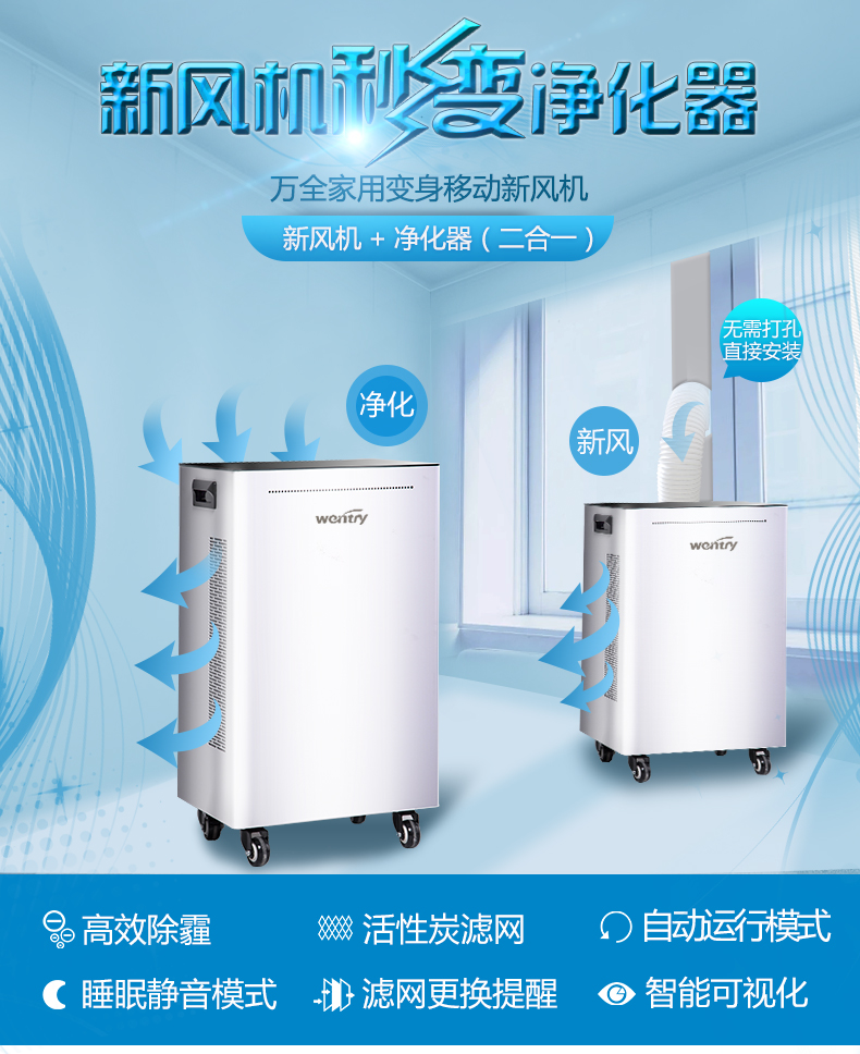 萬全WQE-G45DHH08新風(fēng)機(jī)系統(tǒng)凈化器家用移動(dòng)兩用除甲醛PM2.5霧霾負(fù)氧離子