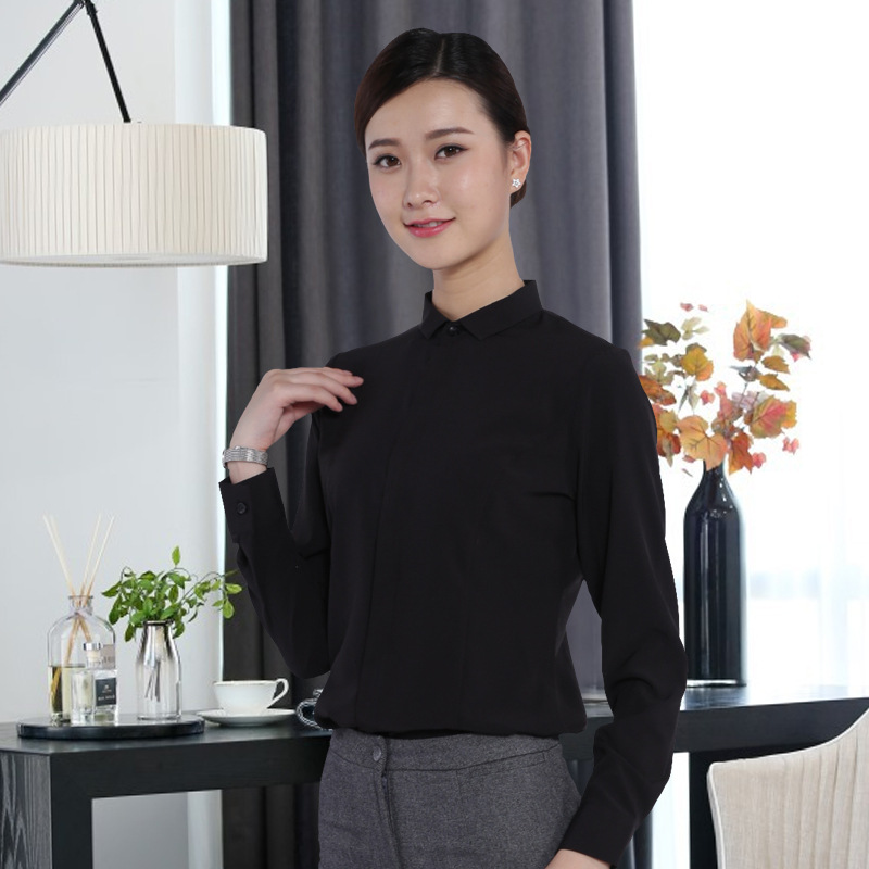 湖南職業(yè)裝定制黑色暗門襟定制襯衫 女士職業(yè)襯衫