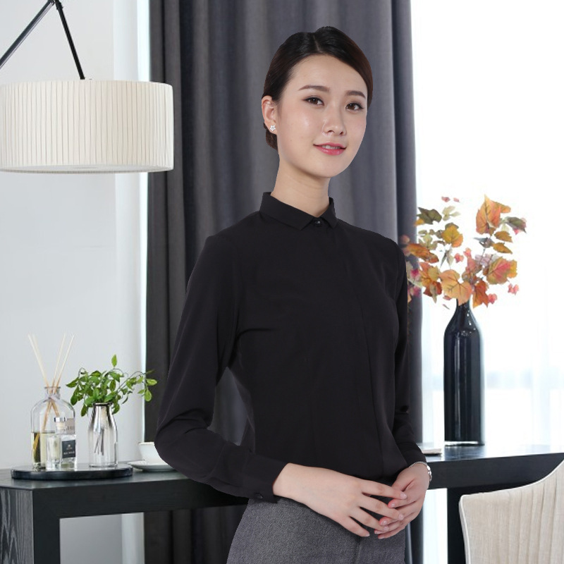 湖南職業(yè)裝定制黑色暗門襟定制襯衫 女士職業(yè)襯衫