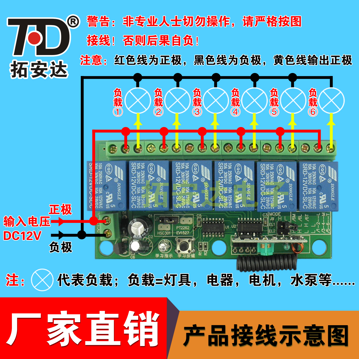 拓安達(dá)DC12V無(wú)線遙控開(kāi)關(guān) 六路學(xué)習(xí)型遙控開(kāi)關(guān)模組 可穿墻控制