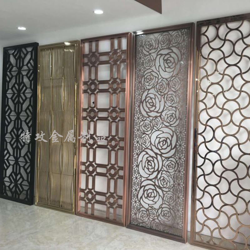 北京大型酒店KTV不銹鋼屏風格柵安裝_定制玫瑰金不銹鋼屏風_鈦金黑鈦鏤空金屬花格_不銹鋼隔斷_鋁雕浮雕護欄