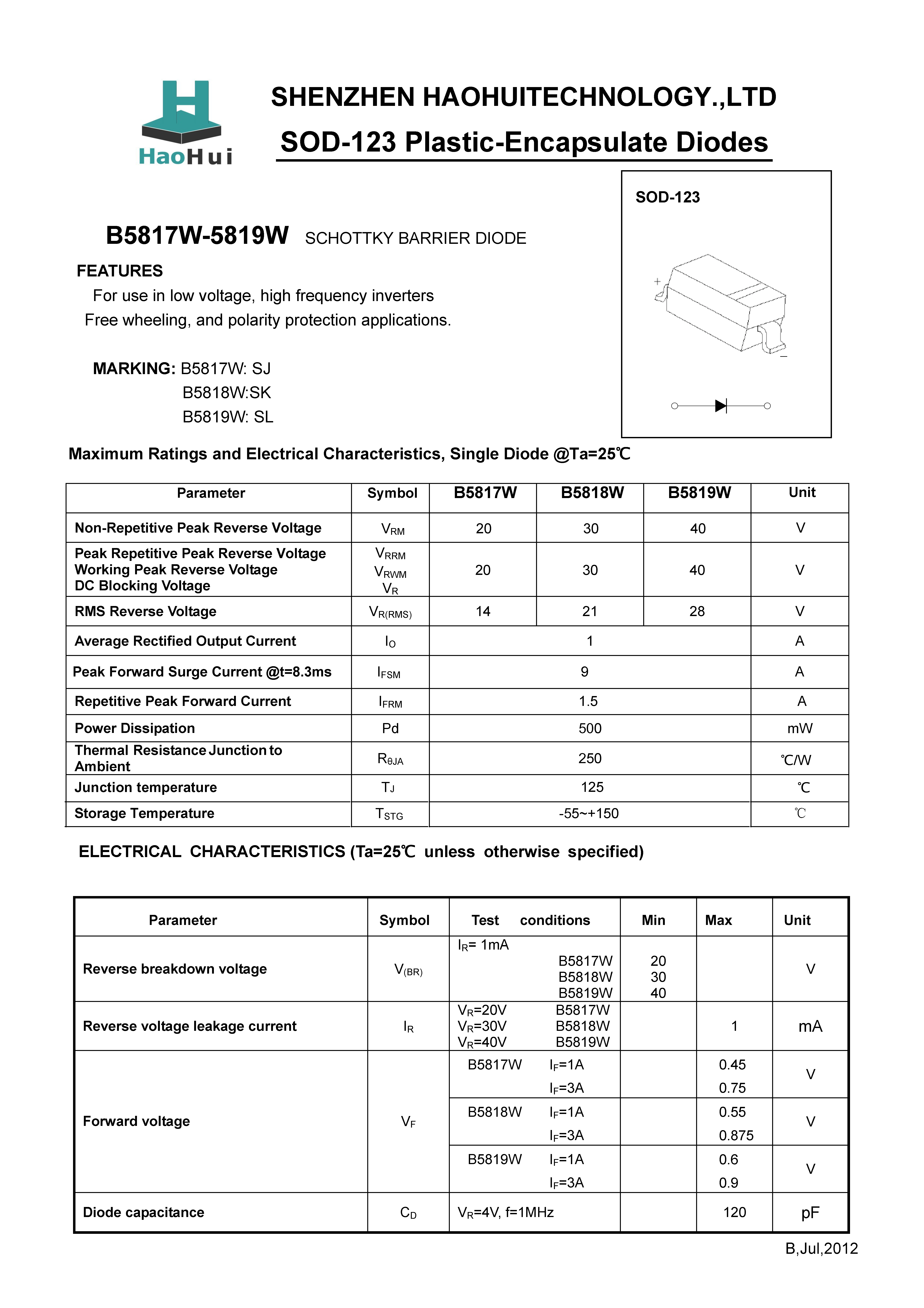 *基二極管B5819W SL  SOD-123二極管生產(chǎn)廠家直銷