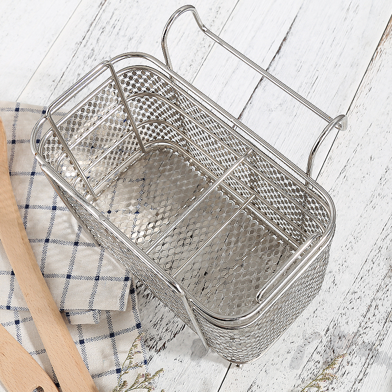 云語實心不銹鋼筷子筒分格帶鉤瀝水收納架方形筷籠掛式/臺面兩用