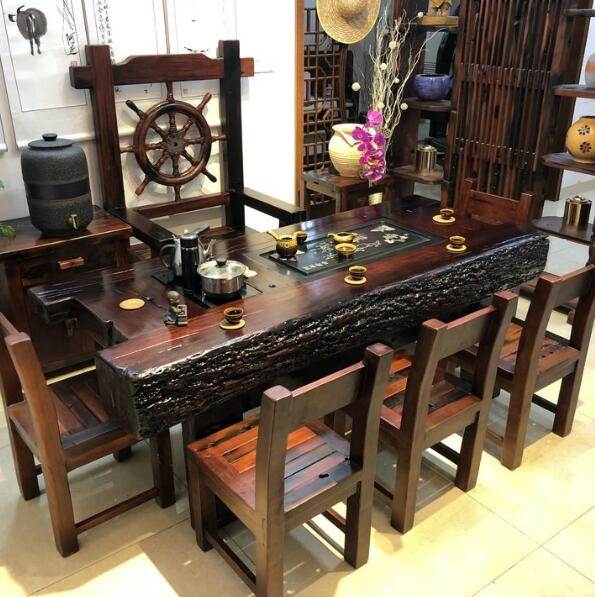 船木茶臺(tái)老船木家具古船木茶桌客廳陽臺(tái)泡茶臺(tái)桌椅組合
