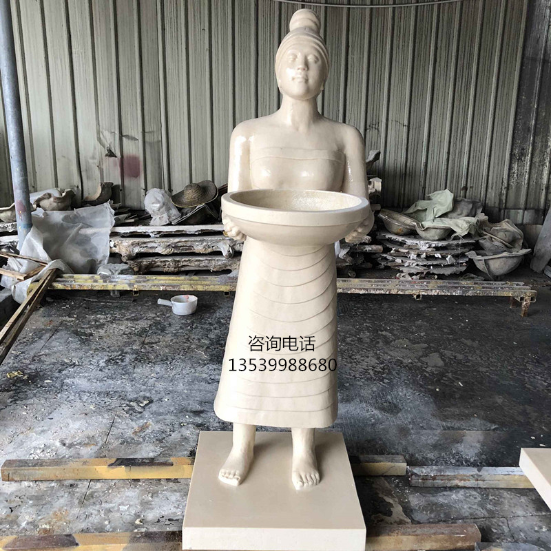 人造砂巖花盆手捧藝術(shù)迎賓侍女|歐式砂巖花缽人物雕塑| 泰式砂巖花盆