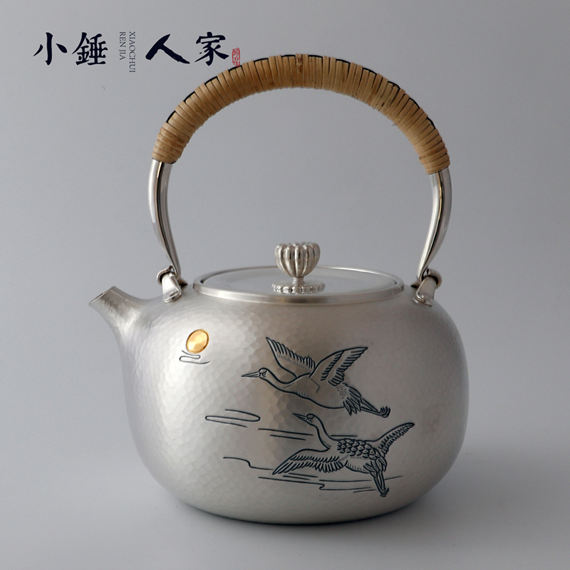 小錘人家純手工松鶴圖銀壺純銀茶壺?zé)畨嘏莶杈呒冦y茶具