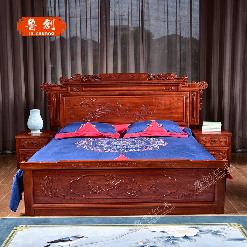 東陽紅木家具批發(fā)魯創(chuàng)紅木家具*花梨木大果紫檀財(cái)源滾滾大床