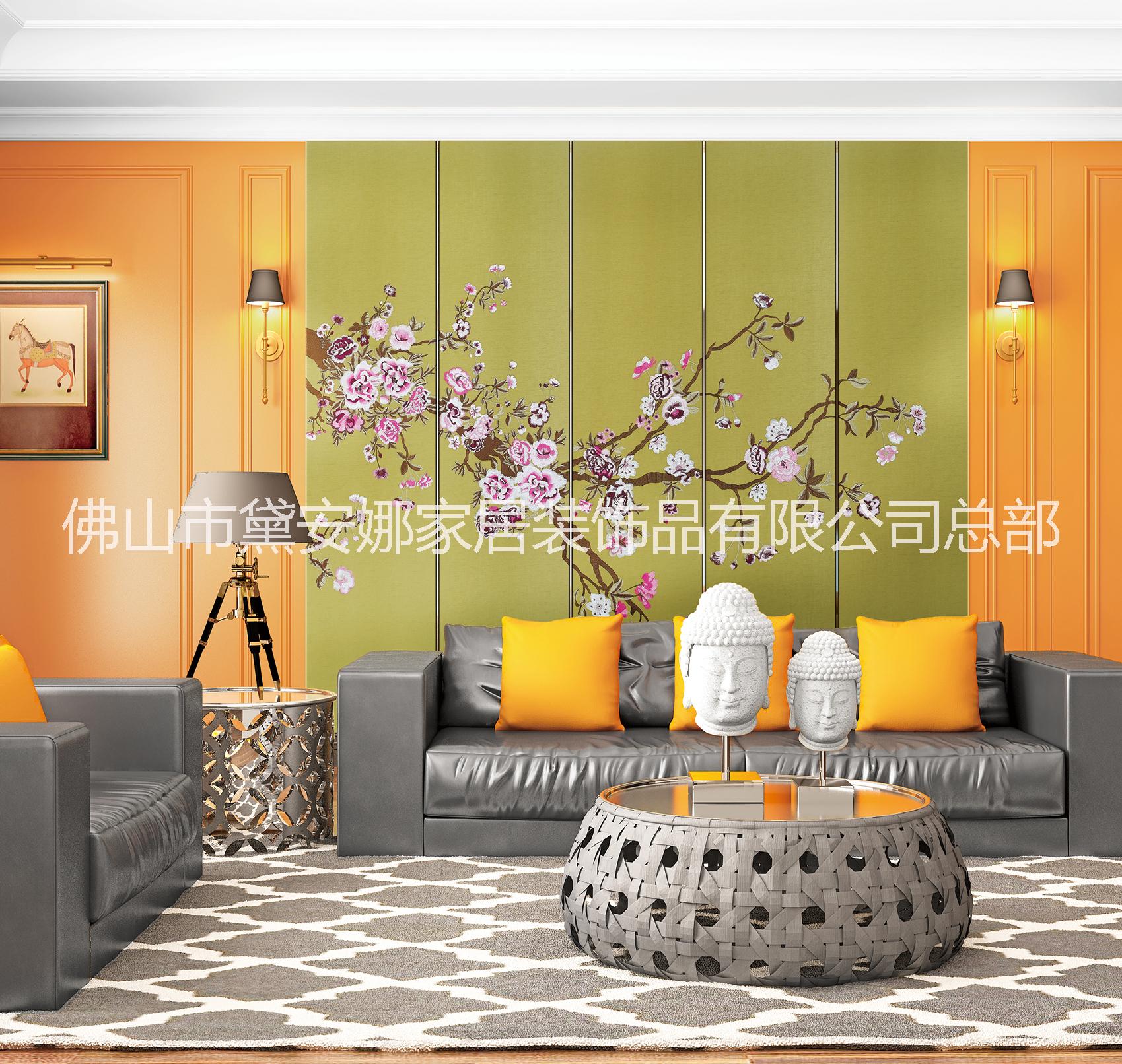 輕奢刺繡背景墻新中式刺繡硬包背景墻 新中式刺繡墻布背景墻 新中式刺繡墻布硬包背景墻 新中式刺繡硬包電視背景墻