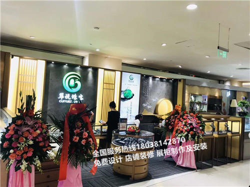 翠悅玉器珠寶展示柜安裝完工效果圖復(fù)古懷舊玉器展示柜定制廠家