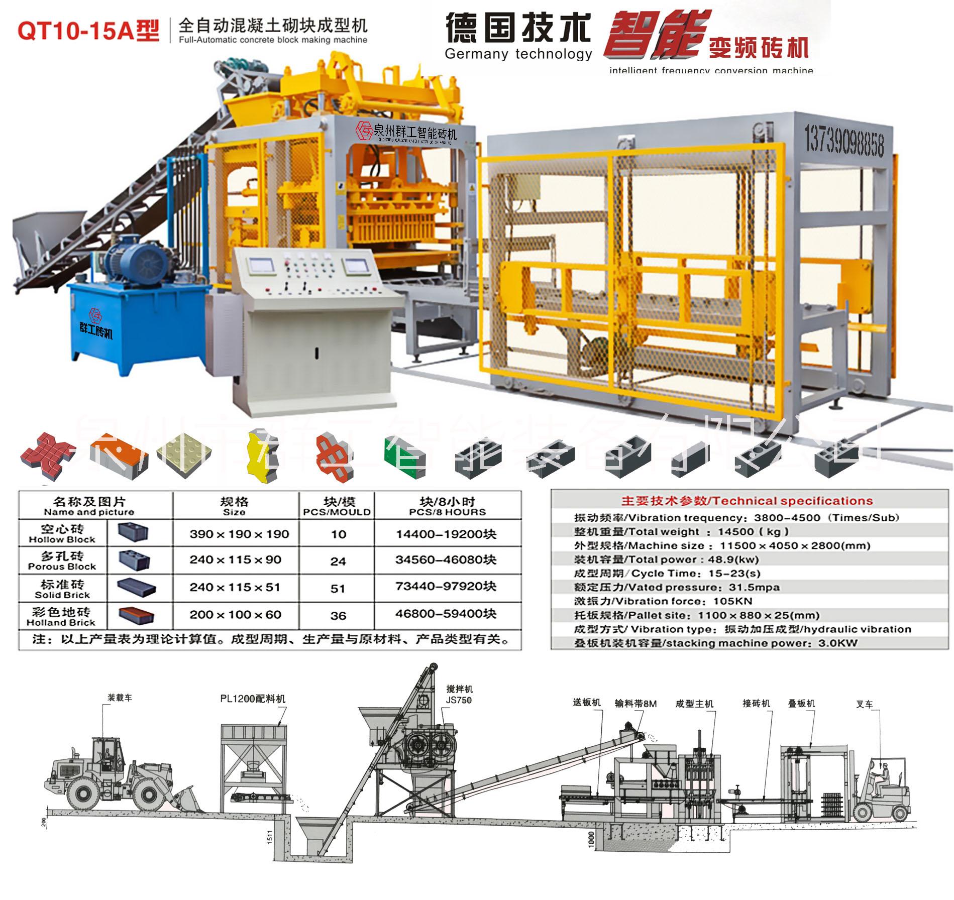 群工全自動高端磚機械設備  建筑垃圾制磚機 高端彩磚機械  QT10-15