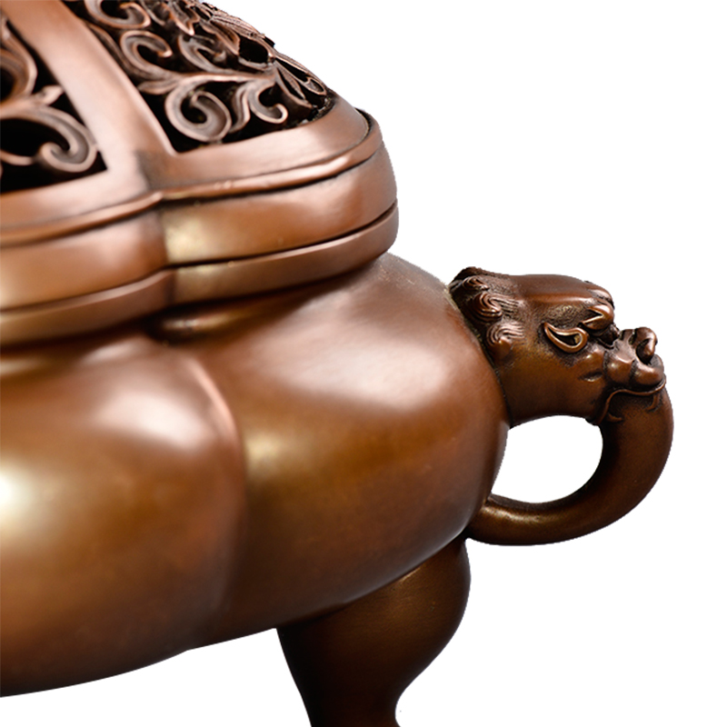 獅紐海棠三足爐紫銅香薰爐辦公商務裝飾工藝擺件銅瓦當