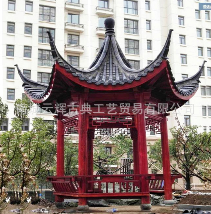 防腐木古建六角實(shí)木亭子雙層仿古中式蓋小青瓦涼亭石雕涼亭石亭