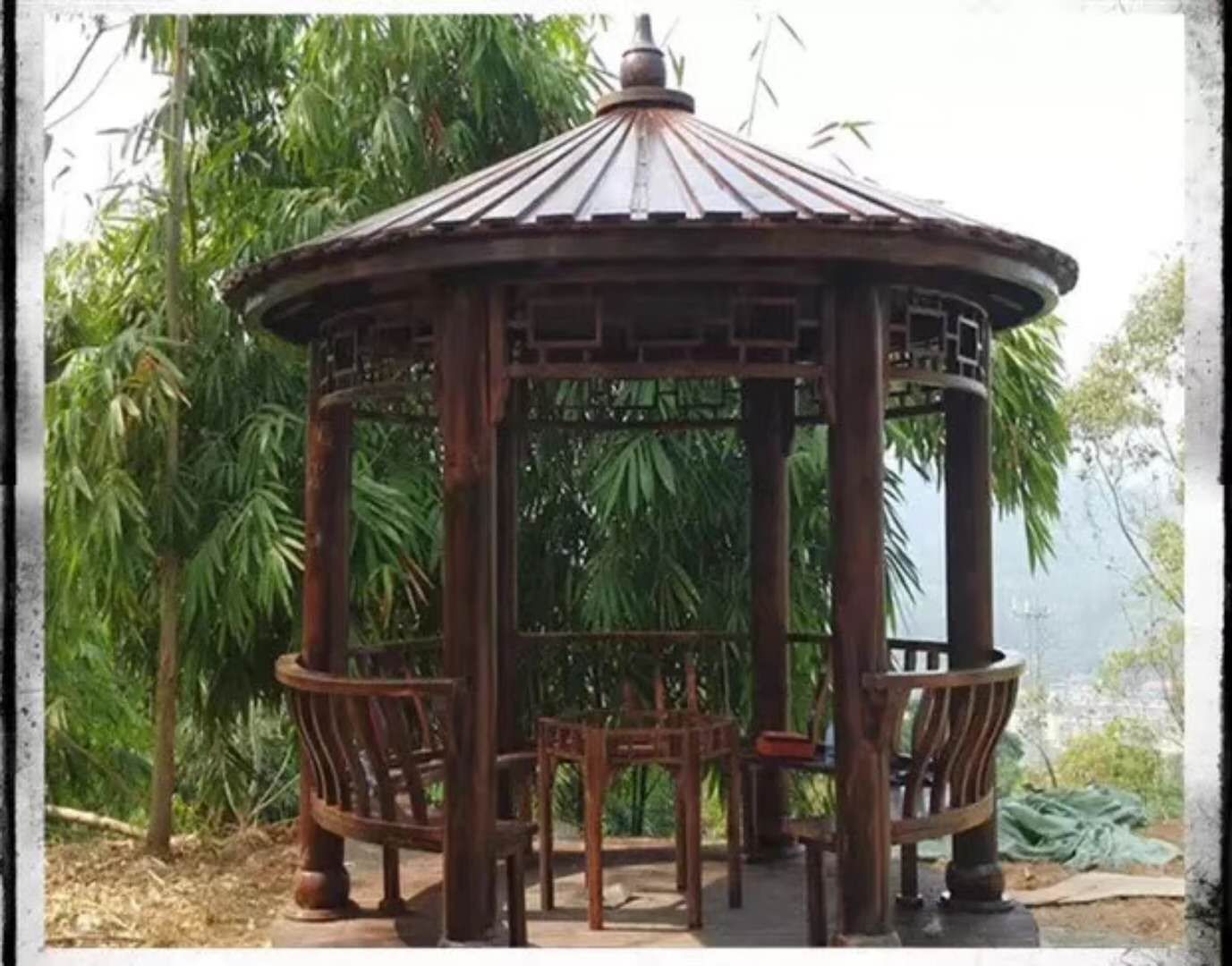定制戶外炭化防腐庭院園林景觀古建涼亭六角圓形斗笠木質(zhì)毛草亭子 斗笠涼亭
