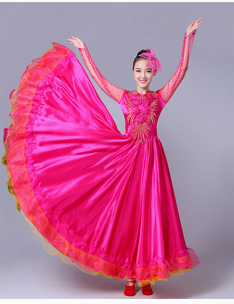 新款民族舞蹈演出服 亮片大合唱長裙 開場舞大擺裙舞蹈演出服